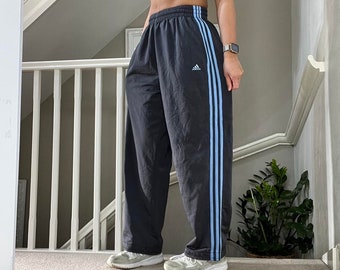 Vintage Rare Adidas Wide Leg Oversized Fit Soft Tracksuit Bottom Size L unisex 00s Y2K grey with  blue stripes colourway