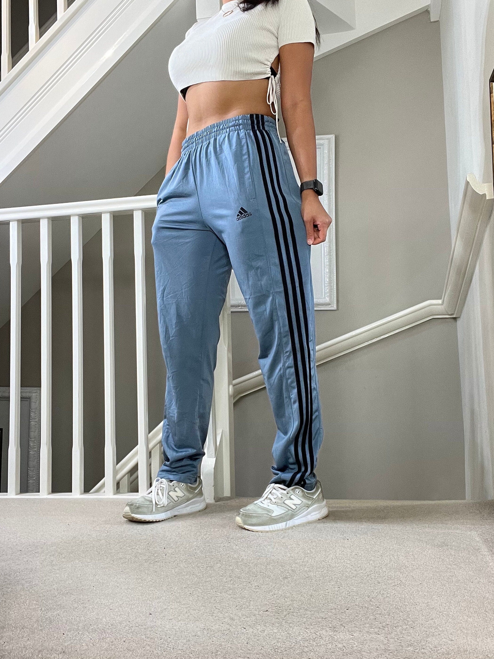 Vintage Adidas Loose Fit Track Trousers Size M Unisex in Blue Colourway  With Black Stripes 