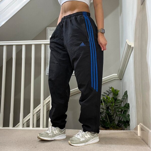 Adidas Baggy Fit Cuffed Leg Cotton lined Tracksuit Bottom Size M unisex Rare Vintage 00s black blue colourway streetwear