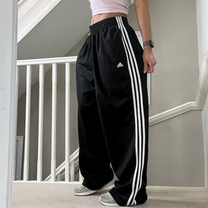 Adidas Overly Oversized Fit Wide Leg Softshell Tracksuit Bottoms Track Pants  Size XL Unisex in Black Colourway With White Stripes 