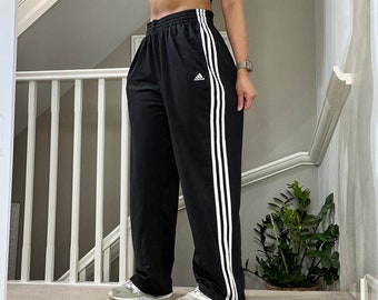 Raro Adidas de gran tamaño recto pierna ancha chándal pantalones de pista inferior tamaño L unisex Vintage 00s negro blanco colorway