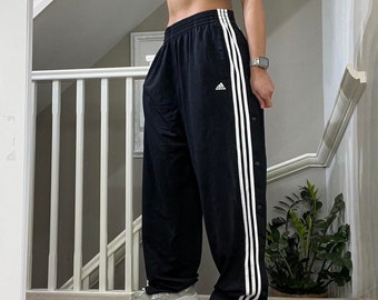 Y2K Adidas Side Popper Loose Fit Straight Wide Leg Softshell Track Pants Tracksuit Bottom Size XL unisex  00s Rare Vintage Black and White