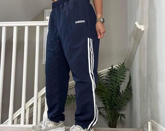 Y2K Adidas Baggy Track Pants: Black Cuffed Windbreaker Bottoms - L