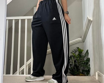 Pantalon de survêtement doux Adidas coupe ample et coupe large en bas, taille L unisexe, rare vintage des années 00, noir/blanc