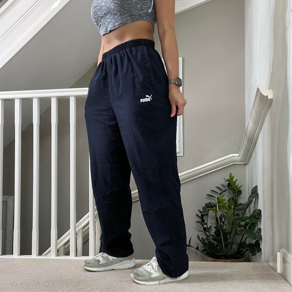 Puma Wide Leg Cotton lined Tracksuit Bottom Track Pants Size M, unisex Rare Vintage 00s navy blue colourway