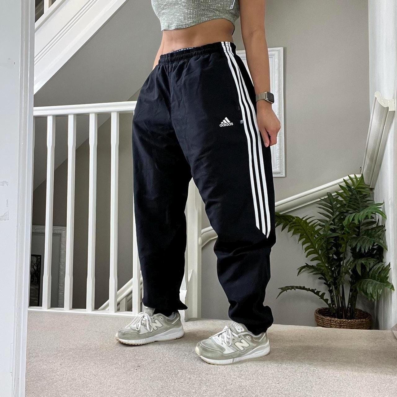 vintagejoggers 00s Adidas Baggy Fit Nylon Windbreaker Track Pants Tracksuit Bottom in Black with White Stripes Size Men s M Unisex Festival Vintage Y2K