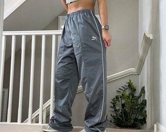 Puma Straight Wide Leg Softshell Tracksuit Bottom Track Pants Size XL unisex Rare Vintage 00s Grey Glossy Finished