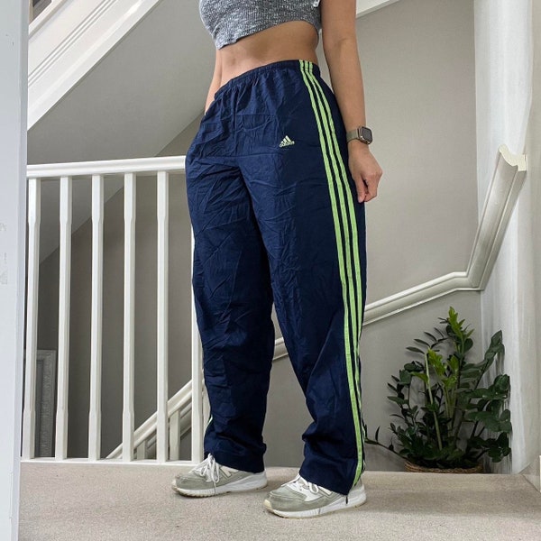 Vintage Adidas Straight Wide Leg Windbreaker Tracksuit Bottom Track Pants Size L unisex Rare Vintage 00s blue with green stripes