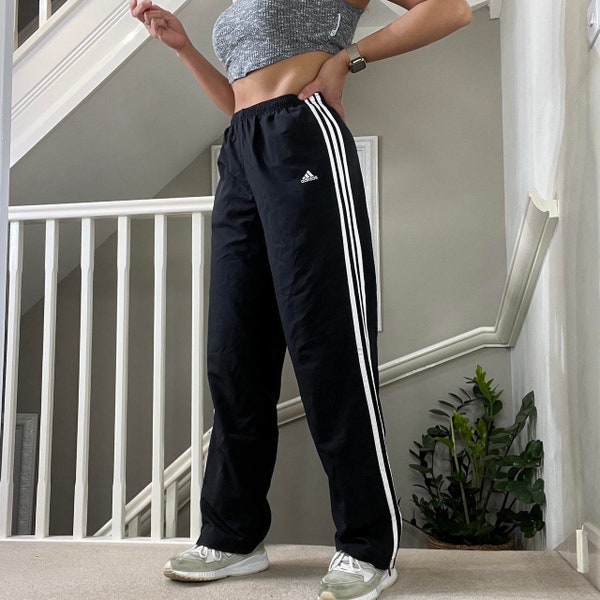 Adidas High Waist Straight Leg Tracksuit Bottom Track Pants Size M / 14uk Rare Vintage 00s Black with white stripes Colourway festival