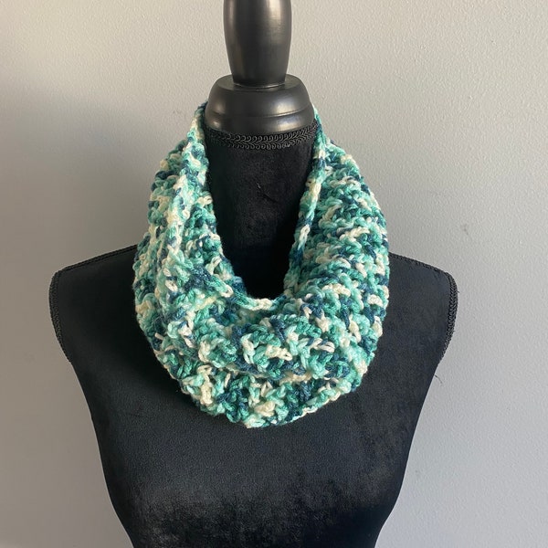 Handmade Crochet Teen Adult  Blue Green Mint Aqua White Multi Color Mix Cowl Infinity Scarf