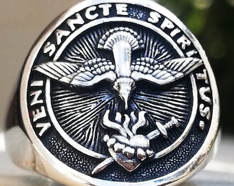Veni Sancte Spiritus, Sacred Heart of Jesus, Holy Spirit Dove Handmade 3D Ring Solid Sterling Silver 925