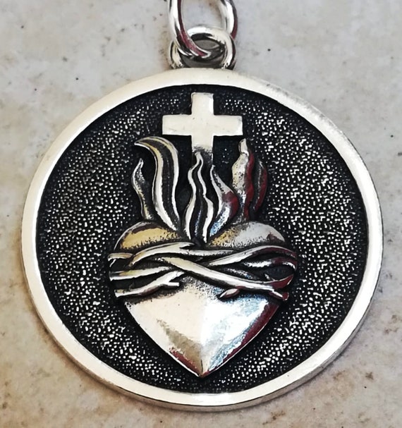 Sacred Heart of Jesus Handmade 3D Pendant Solid Sterling Silver 