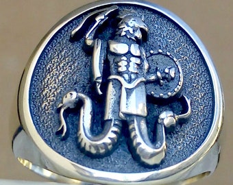 Abraxas Gnostic Gnosticism Magic Talisman Templars Handmade 3D Ring Massiv Sterling Silber 925