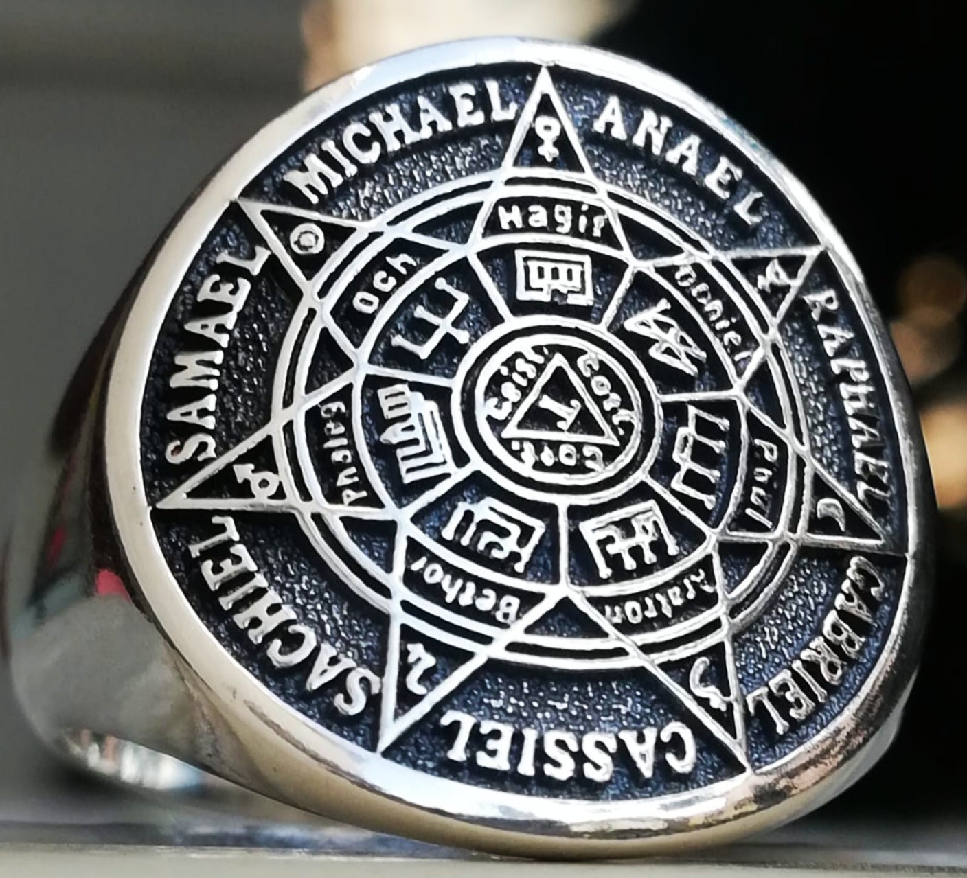 Men's Seven Archangels Seal Ring - Stainless Steel Kabbalah Protection Ring With Black Velvet Bag