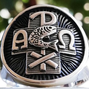 Catholic Cross Alpha Omega Chi Rho Fish Church Handmade 3D Ring Solid Sterling Silver 925