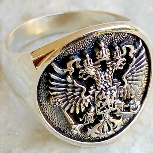 Double Headed Russian State shops Imperial Eagle Crest Coat of Arms Handmade 3D Ring Solid Sterling Silver 925
