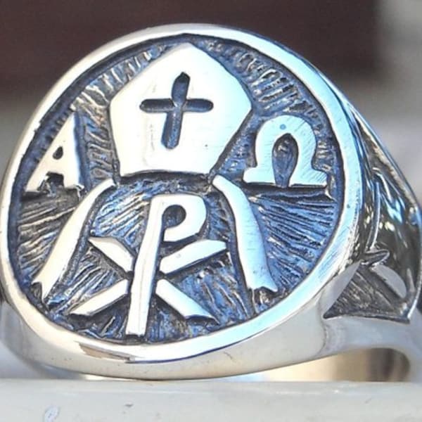 Chi Rho monograma de Cristo obispo hecho a mano anillo de plata de ley 925