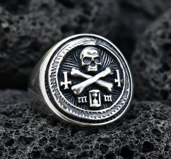 Memento Mori Ouroboros and Skull Handmade 3D Ring Solid Sterling