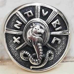 Anillo 3D hecho a mano con serpiente con cabeza de león, Chnoubis Abracadabra, plata de ley maciza 925