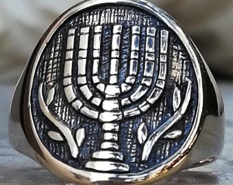 Menorah Temple Symbol Israel Jewish Star of David Kabbalah Handmade Ring Sterling Silver 925