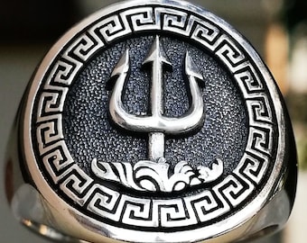 Trident of Poseidon the Greek God of Sea Handmade 3D Ring Solid Sterling Silver 925