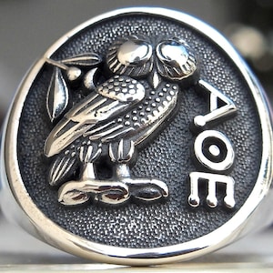 Owl of Wisdom Athena Tetradrachm ancient greek Handmade 3D Ring Solid Sterling Silver 925