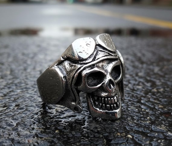 Army Japanese Kamikaze Pilot Skull Handmade Ring Sterling Silver 
