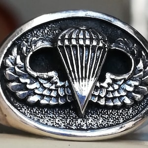 US Army Airborne Ranger Jump Wings Parachute Badge Paratrooper Handmade 3D Ring Solid Sterling Silver 925