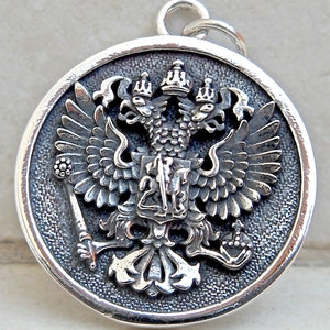 Double Headed Russian State Imperial Eagle Crest Coat of Arms Handmade 3D Pendant Solid Sterling Silver 925