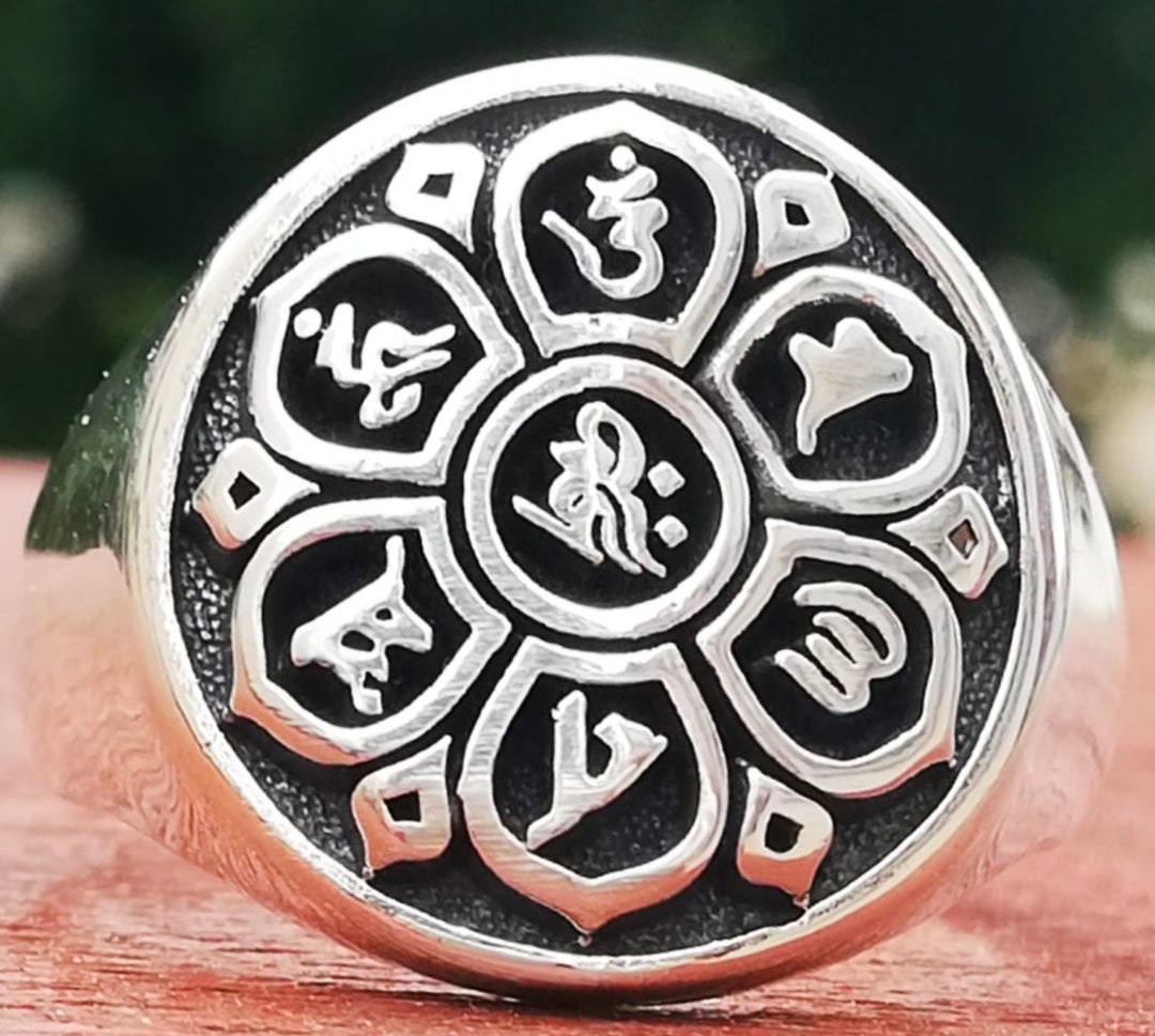 Mantra Tibetan Buddhist Symbol Handmade 3D Ring Solid Sterling Silver ...