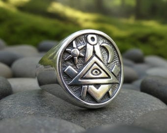 Anillo de sello masónico Freimaurer del Ojo que todo lo ve, hecho a mano en plata de ley 925