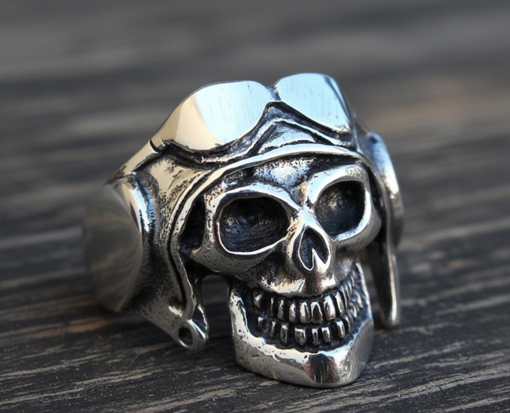 Army Japanese Kamikaze Pilot Skull Handmade Ring Sterling Silver