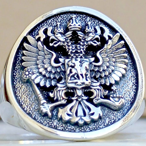 Double Headed Russian State shops Imperial Eagle Crest Coat of Arms Handmade 3D Ring Solid Sterling Silver 925