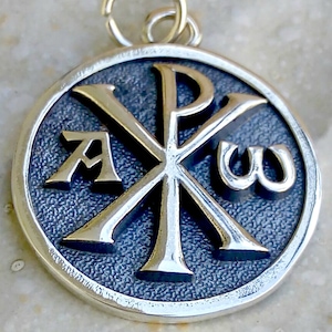 Colgante cristiano Alfa y Omega Chi-rho 3D hecho a mano en plata de ley maciza 925
