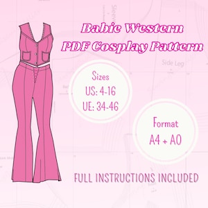 Puede incluir: Un dibujo de línea rosa de un conjunto de chaleco y pantalón sobre un fondo rosa con el texto "Babic Western PDF Cosplay Pattern", "Sizes US: 4-16 UE: 34-46", y "Format A4 + AO".