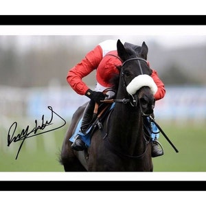 May include: A black horse with a white noseband is being ridden by a jockey wearing a red and white racing suit. The jockey is leaning forward and the horse is running. The jockey's signature is visible in the bottom left corner of the image.