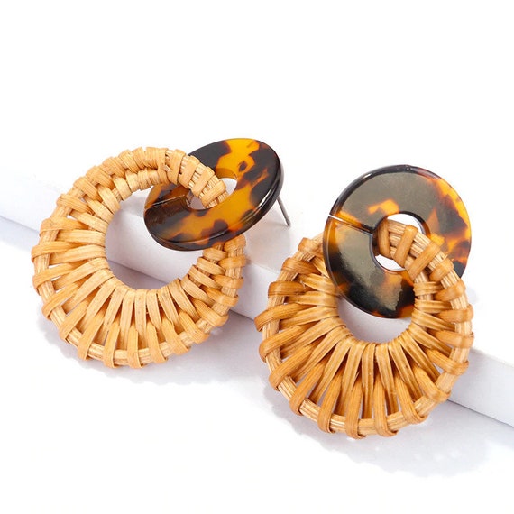 Dangle Drop Earrings Handmade Bohemian Round Straw Weave Etsy