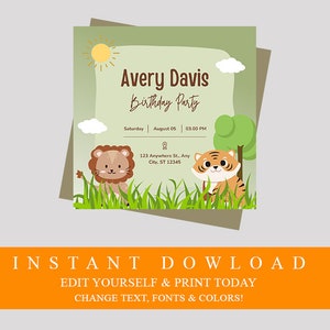 Puede incluir: Una invitación de fiesta de cumpleaños verde y marrón con un león y un tigre de dibujos animados. La invitación dice "Avery Davis Birthday Party" con la fecha y la hora.