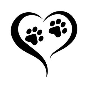 May include: Black silhouette of a heart with two paw prints inside. The paw prints are in the centre of the heart.