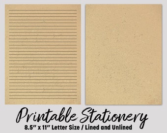 May include: Printable stationery in letter size, 8.5 inches by 11 inches. The image shows two sheets of paper, one lined and one unlined, both with a beige background.
