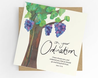 May include: A card with a watercolor illustration of a grapevine with purple grapes. The card says "On Your Ordination" and includes a bible verse from John 15:16.