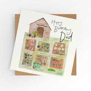 May include: A white card with a hand-drawn illustration of a garden with a shed and the text "Happy Birthday Dad".