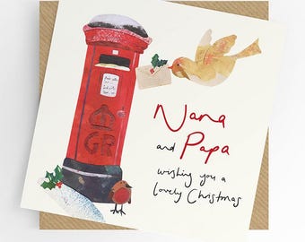 May include: Christmas card featuring a red British postbox with snow, a bird carrying a letter, and a robin. The card reads "Nana and Papa wishing you a lovely Christmas."