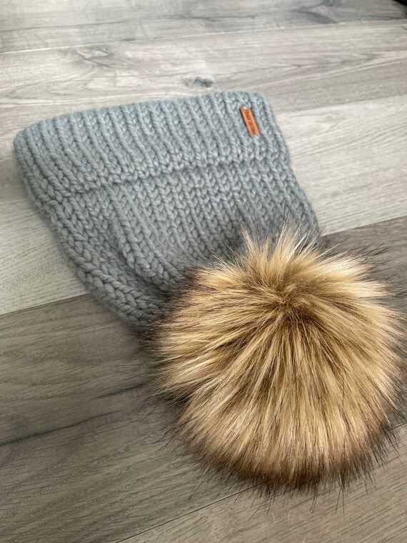Women's Winter Chunky Knit Beanie Hat with Double Faux Fur Pom Pom Ears  (White) 