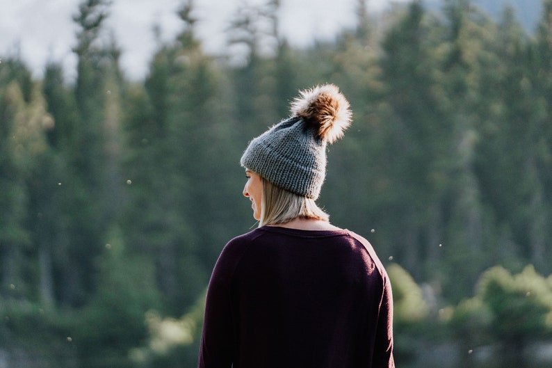womens grey beanie with pom pom