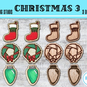 Christmas 3 Earring Stud SVG File SET Of 3 DESIGNS / 9 Files / Laser Cutter / Glowforge / Digital Download / Light Wreath Stocking