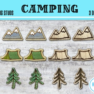 Könnte beinhalten: Neun SVG-Dateien für Ohrstecker mit drei Designs: Berge, Zelte und Kiefern. Die Designs sind in Braun-, Grün- und Blautönen gehalten.