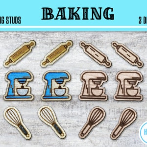 May include: Nine wooden earring studs with baking themed designs. The designs include a rolling pin, a stand mixer, and a whisk. The text "EARRING STUDS" and "BAKING" are visible at the top of the image. The text "9 SUGS 3 DESIGNS" is visible at the top right of the image.