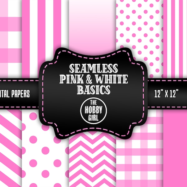 Seamless Pink and White Basics Digital Paper Printable for Scrapbooking and Crafts Chevron Gingham Stripes Gradient Ombre Solid Polka Dots