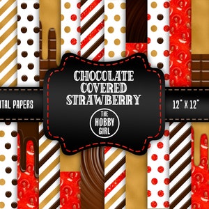 Schokolade überzogen Erdbeere und Gold 24 druckbare digitale Scrapbooking-Papier Schokoriegel Bonbon-Tropfen Goldfolie Obst Streifen Polka Dots